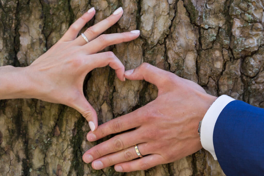 Mariage disposition en forme de coeur avec les mains sur l'écorce d'un arbre