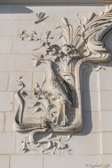 Urbex sculpture d'un oiseau sur la facade du château